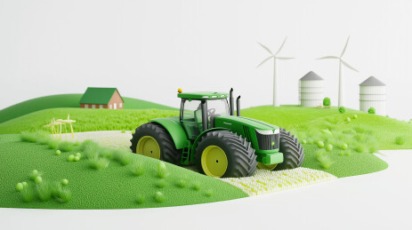 绿色拖拉机与风力发电机的环保农业概念