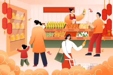 年货节春节逛超市矢量插画