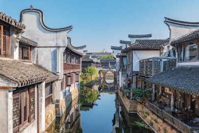 江南水乡蓝天水景建筑-嘉兴月河历史街区