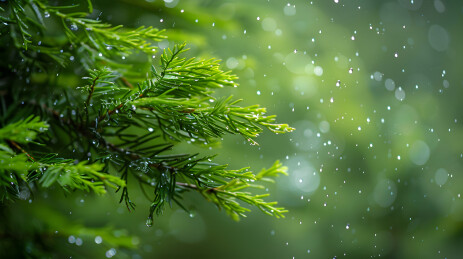 青翠的柏树叶在风中摇曳，雨滴落在叶面上