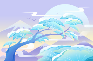 寒冬夜空雅致的雪松与烟雾缭绕的远山插画