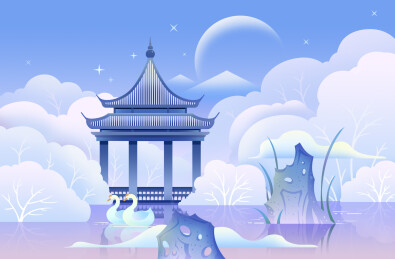 二十四节气冬季大寒蓝色苏州园林雾凇雪夜