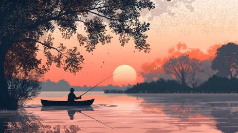 黄昏河岸上的垂钓者