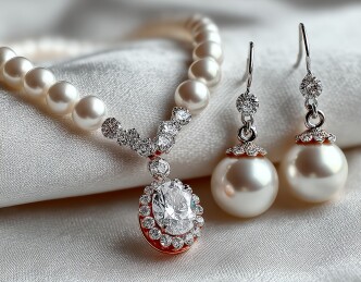 白色珍珠串成的项链与耳环