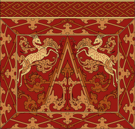 西汉马王堆汉墓朱地彩绘棺上的双鹿仙山纹