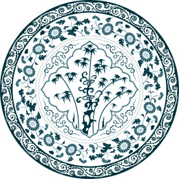 明代青花瓷盘上的竹石灵芝纹