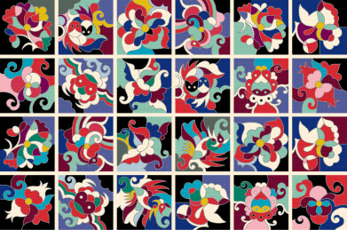 广西壮族拼布被面上的花鸟鱼纹