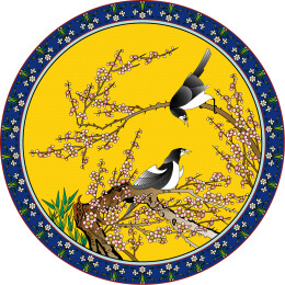 清代黄地粉彩圆瓷片桌心上的梅雀纹