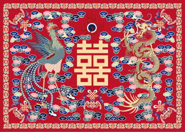 清代红地绣彩毛呢炕毯上的囍字龙凤纹