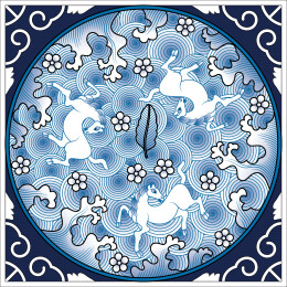 元代青花瓷砖画上的落花流水马纹