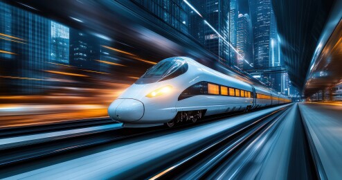 夜间城市高铁高速行驶画面