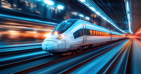 夜间城市高铁高速行驶画面