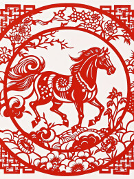 马年红色窗花剪纸