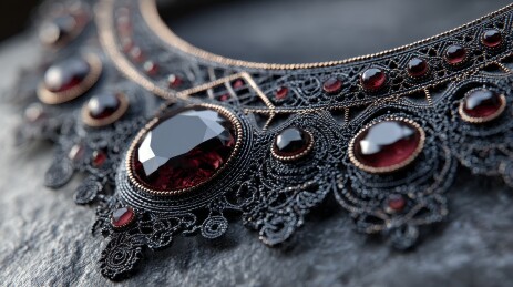 精致黑色蕾丝镶深红色宝石项链