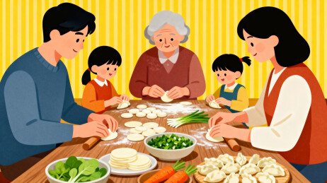 家庭包饺子温馨场景