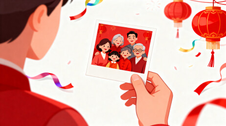 手持全家福照片庆祝节日