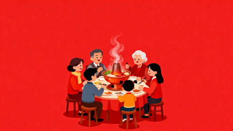家庭围坐火锅聚餐温馨场景