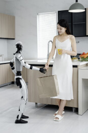 在现代厨房中烹饪的智能机器人