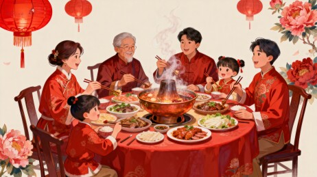 家人围坐火锅宴团圆