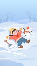 躺在雪地里面的小女孩和雪人