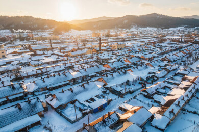 中国黑龙江横道河子小镇雪乡航拍