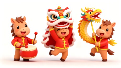 新年小马舞龙舞狮插画
