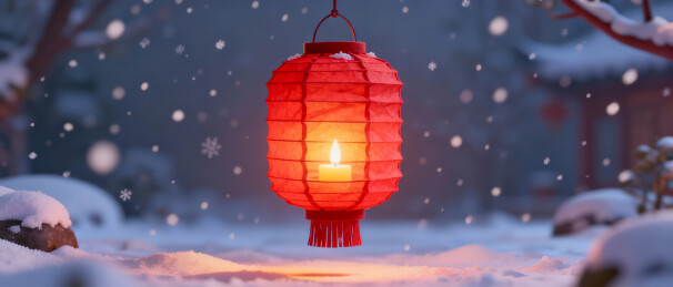 新年冬日庭院雪中红灯笼夜景