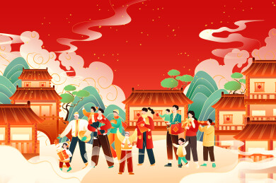 新年家人古建筑矢量插画