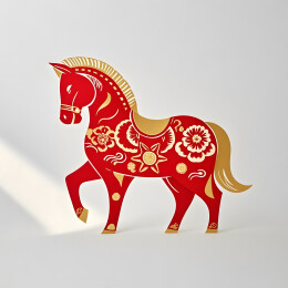 红色剪纸马配金色花纹，简约灰白背景