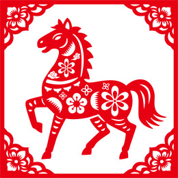 马年红色剪纸风春节新年纹样插画