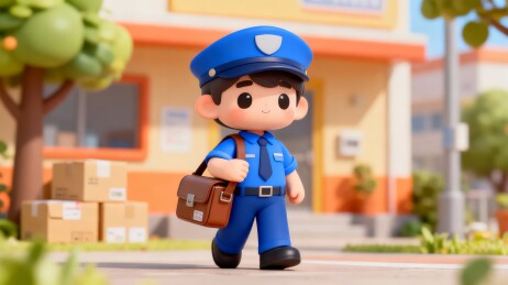 卡通警察在街道上行走