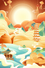 中秋节古建筑矢量插画